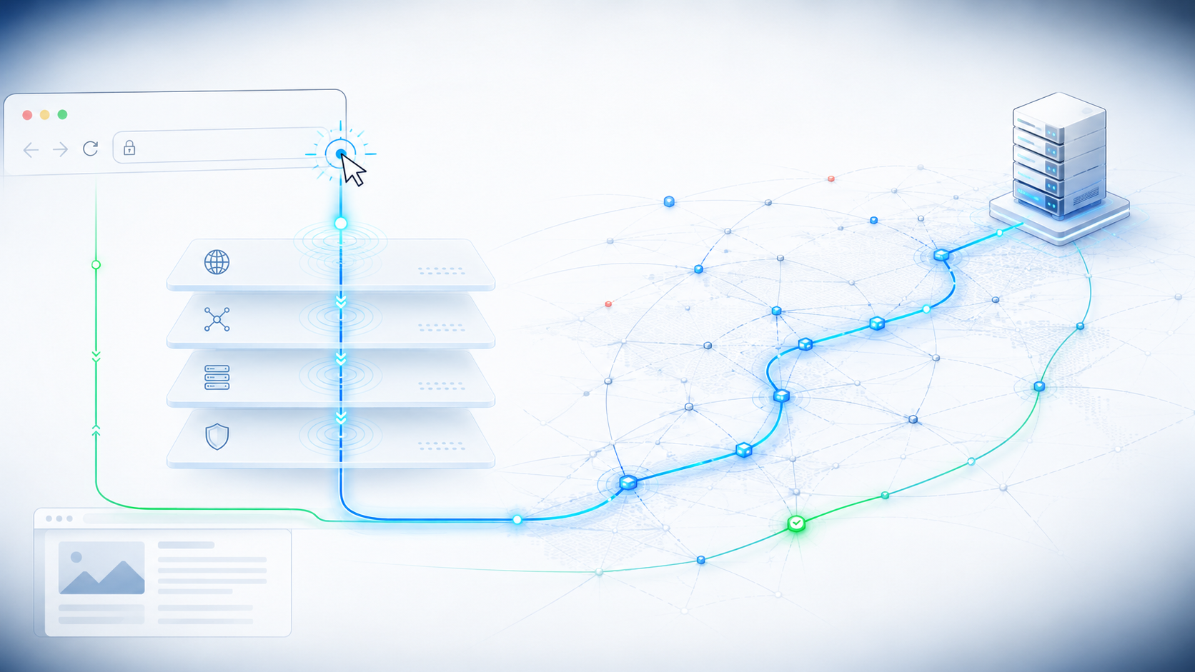 A single click descending through four network layers and crossing to a distant server, illustrating how the TCP/IP stack handles a web request