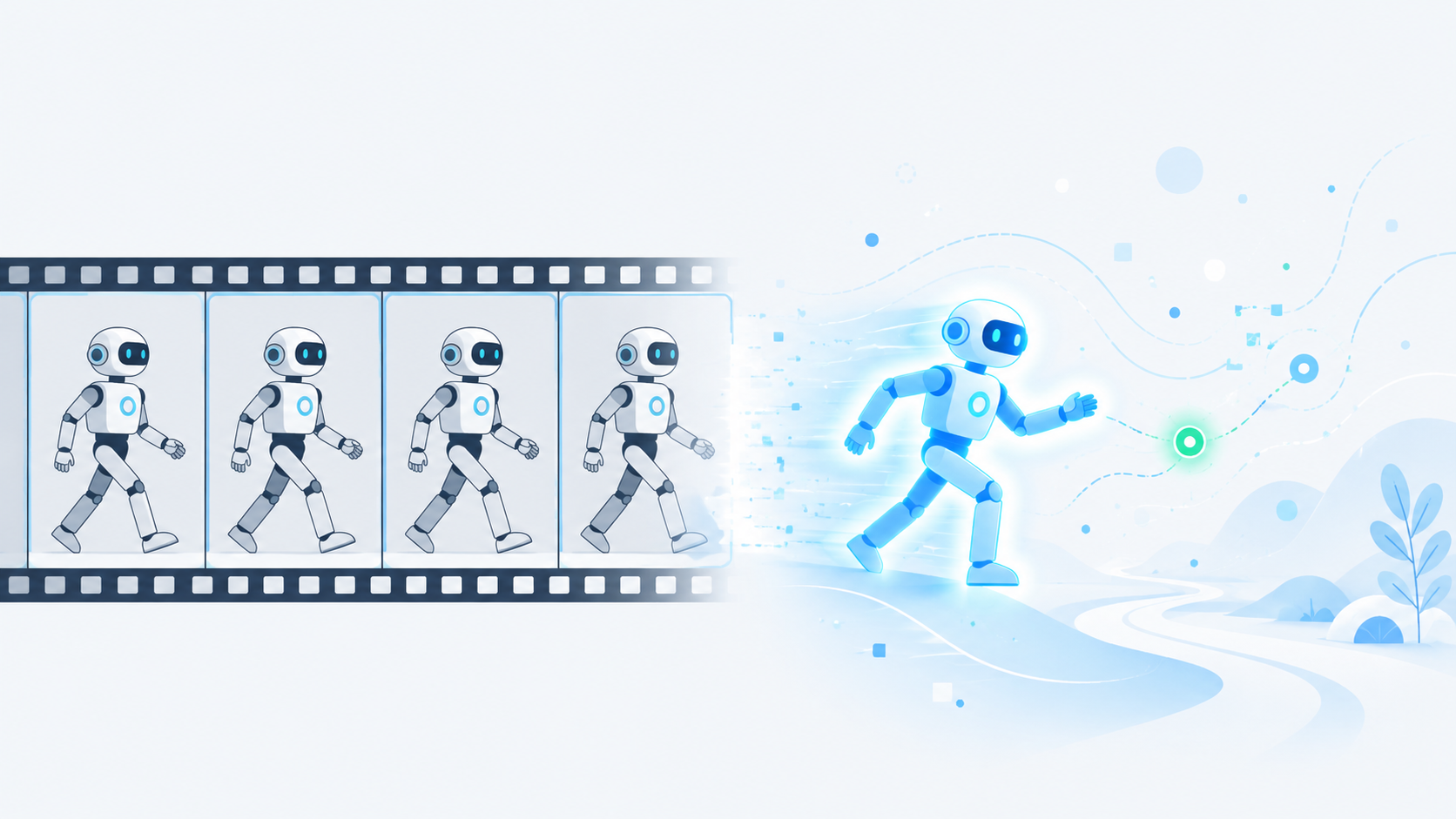 On the left a flat cartoon figure locked inside fixed film frames, on the right an adaptable living form reaching beyond its frame, illustrating cognitive automation versus real intelligence in AI