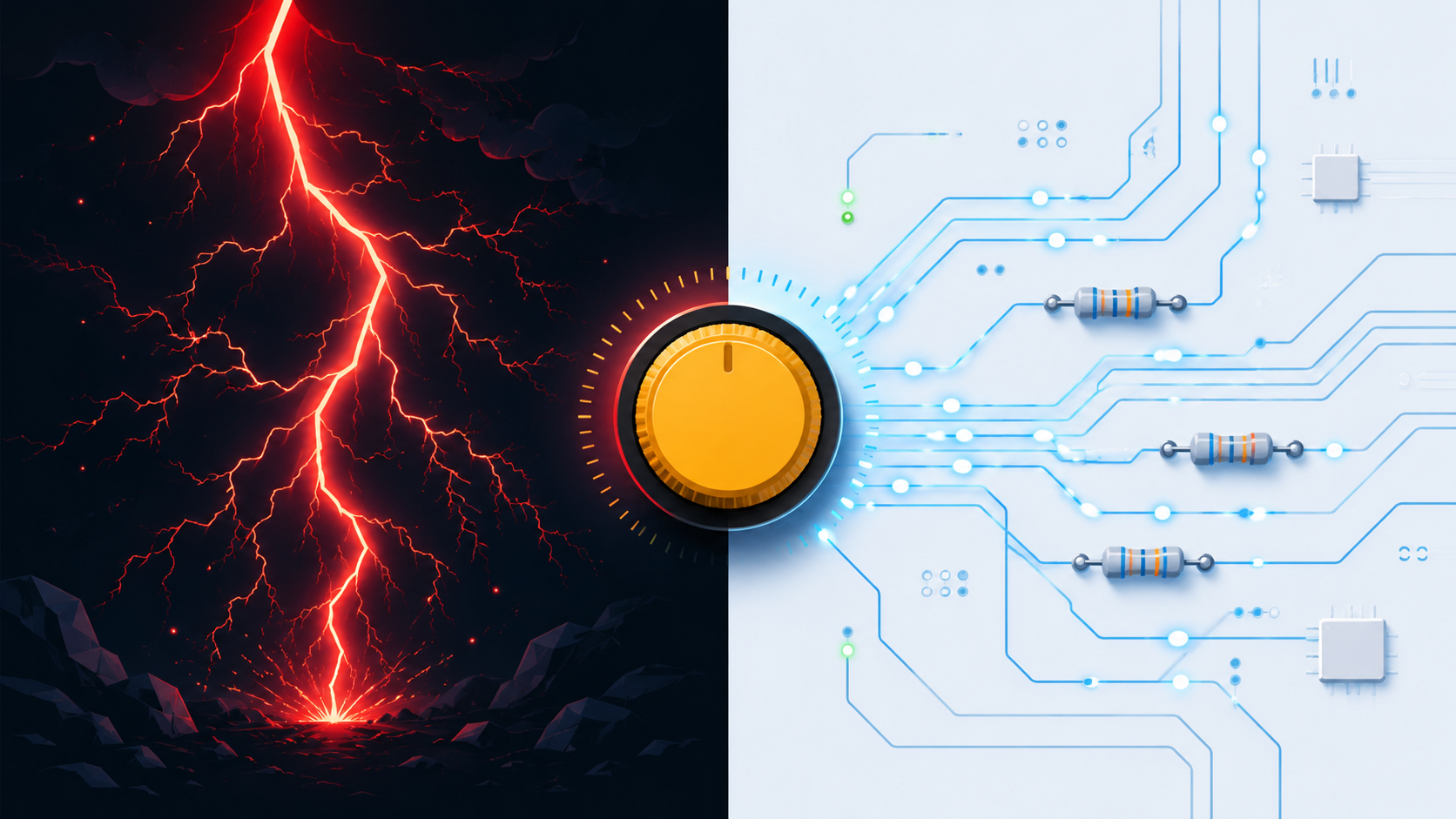 Split panel contrasting a chaotic red lightning bolt with an orderly cyan circuit board, a control dial between them, illustrating current with and without resistance
